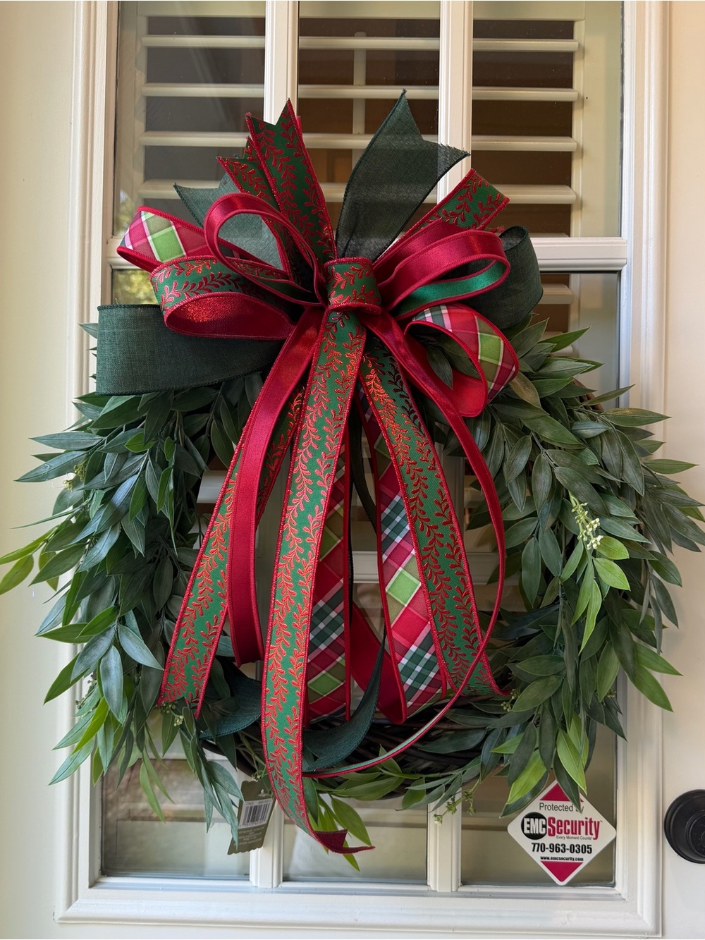 Festive Greenery Wreath with Red & Green Bow